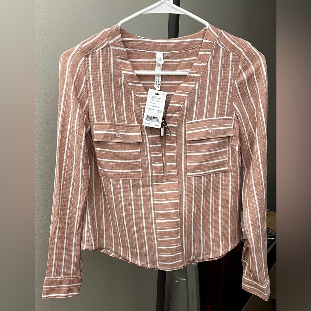 Striped V-Neck Blouse - Pink and White